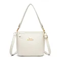 Elegant off-white leather bucket bag with 3D camellia floral embossing and gold hardware - Off White
