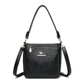 Elegant black lychee leather bucket bag with embossed rose pattern and gold kangaroo hardware - Black