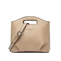 Beige faux leather bucket bag with top cutout handle and silver adjustable shoulder strap - Apricot