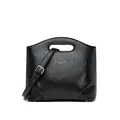 Elegant black wax leather bucket bag with gold lettering and oval handle design - Black