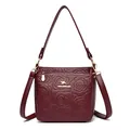Burgundy bucket bag with embossed peony floral patterns and gold kangaroo logo - Red