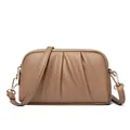 Brown leather crossbody envelope bag with pleated design and golden hardware - Khaki