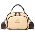 Beigefarbene Boston-Tasche mit braunem Besatz und floralem Jacquard-Gurt - Beige