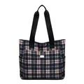 Klassische Shopper-Tasche aus Stoff mit Karomuster in Blau-Braun und Seitentaschen - Blau