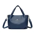 Navy blue lychee pattern leather handbag with silver kangaroo logo and adjustable strap - Blue