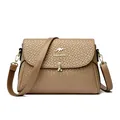 Elegant khaki woven texture crossbody bag with adjustable strap and golden hardware - Khaki