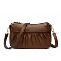 Dark brown leather shoulder bag with elegant pleated texture and golden metal hardware - Coffee