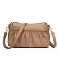 Pleated khaki leather crossbody square bag with golden hardware and adjustable strap - Khaki