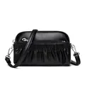 Minimalist black leather shell bag with pleated texture and silver zipper detail - Black