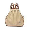 Beigefarbener Canvas-Rucksack mit braunem Lederbesatz und Blumen-Metallemblem - Khaki