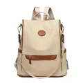 British style beige canvas backpack with brown leather trim and round kangaroo logo - Off White