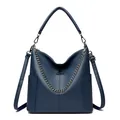 Deep blue leather bucket bag with litchi texture, chain detail and kangaroo logo - Blue