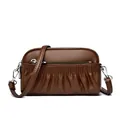 Dark brown pebbled leather crossbody bag with ruched design and silver metal hardware - Coffee