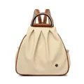 Beige Segeltuch- und braune Leder-Umhängetasche mit metallischem Blumendetail - Gebrochenes Weiß