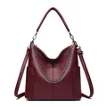 Burgundy kangaroo style bucket bag in lychee texture with silver chain and shoulder strap - Red