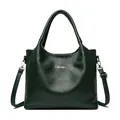 Dark green oil leather tote bag with silver metal logo and adjustable shoulder strap - Green