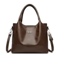Dark brown oil leather tote bag with silver logo and adjustable shoulder strap - Brown
