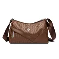 Brown woven leather crossbody bag featuring a round kangaroo logo and wide fabric strap - Brown