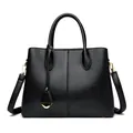 Classic black litchi texture leather handbag with gold hardware and detachable strap - Black