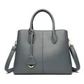 Minimalist dark gray pebbled leather tote bag with round handles and a gold charm pendant - Blue