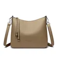 Chic khaki pebbled leather bucket bag with adjustable shoulder strap and brand logo - Khaki