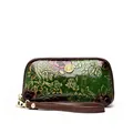 Retro green patent leather wallet with embossed peony flowers and gold zipper - Green