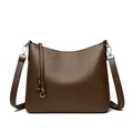 Dark brown pebble leather bucket bag with adjustable shoulder strap and silver hardware - Coffee