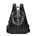 Fashionable black leather bear backpack featuring gold zippers and adjustable straps - Black
