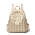Beige faux leather backpack with cartoon bear prints and adjustable gold-tone zippers - Off White