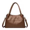 Brown lychee leather tote bag with patchwork stitching and adjustable shoulder strap - Brown