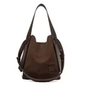 Dark brown faux suede bucket bag with leather straps and retro minimalist style - Coffee