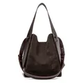 Deep brown faux suede bucket bag with leather patchwork and embossed logo detail - Dark Brown