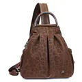 Brown leopard print backpack with metal flower logo and stylish pleated details - Brown