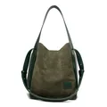 Dark green suede bucket bag with wide shoulder strap and premium leather trim finish - Green