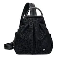 Fashionable black leopard print backpack with silver metal handle and flower logo - Black