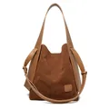 Brown suede and leather bucket bag with shoulder straps and vintage stitch detailing - Yellow