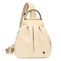 Beige pleated backpack for women with metal handle and adjustable striped straps - Khaki