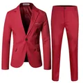 Detailed close-up of a premium red men's slim fit suit set with jacket and trousers - M / Top And Bottom / Red