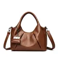 Brown ruched leather croissant bag with fashion charm and adjustable strap - Yellow Brown