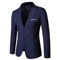 Slim fit navy blue men's blazer with notch lapel and single button closure on white background - S / Navy Blue