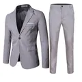 Detail view of grey casual suit set with single-breasted jacket and smooth fabric texture - M / Top And Bottom / Gray
