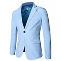 Detail of light blue casual suit jacket featuring single-button closure and notch lapels - Light Blue