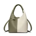 Litchi texture leather bucket bag in olive green and beige color-block design - Green Beige