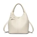 Chic cream leather bucket bag with pebble texture and cute bear charm detail - Off White