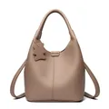 Coffee brown pebbled leather tote bag with a matching bear charm and long strap - Khaki