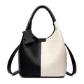 Litchi pattern leather bucket bag in black and white patchwork with bear charm - Black & White