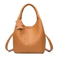 Brown leather bucket bag with crocodile texture detail and cute bear keychain charm - Crocodile Pattern Yellow