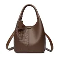 Deep brown leather handbag with crocodile pattern texture and cute bear charm pendant - Brown Crocodile Pattern