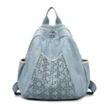 Light blue denim backpack with sparkling silver rhinestone quilted geometric patterns - Light Blue