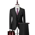 Classic black three-piece slim fit men's formal suit with vest and matching trousers - US Size M / Top And Bottom / Black